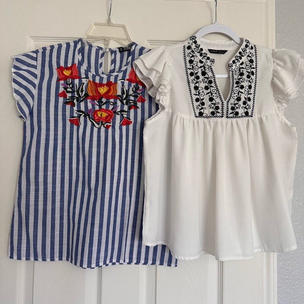 SHEIN Blue-White Striped Embroidered Floral Top & White Embroidered Top